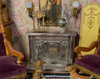 Antique Miniature Fireplace, German, Silver Tin Metal, from Late 1800s to Early 1900s for 1:12 Scale Dollhouse