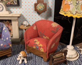 Miniature Kage Arm Chair Upholstered in Red Floral Fabric, Wood Base, Vintage from 1940s, 1:16 dollhouse Living Room