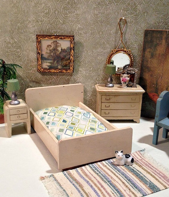 2 Bedstand A 1 Stool 1:12 Dollhouse Miniature Furniture 4Pc Set 1 Double Bed