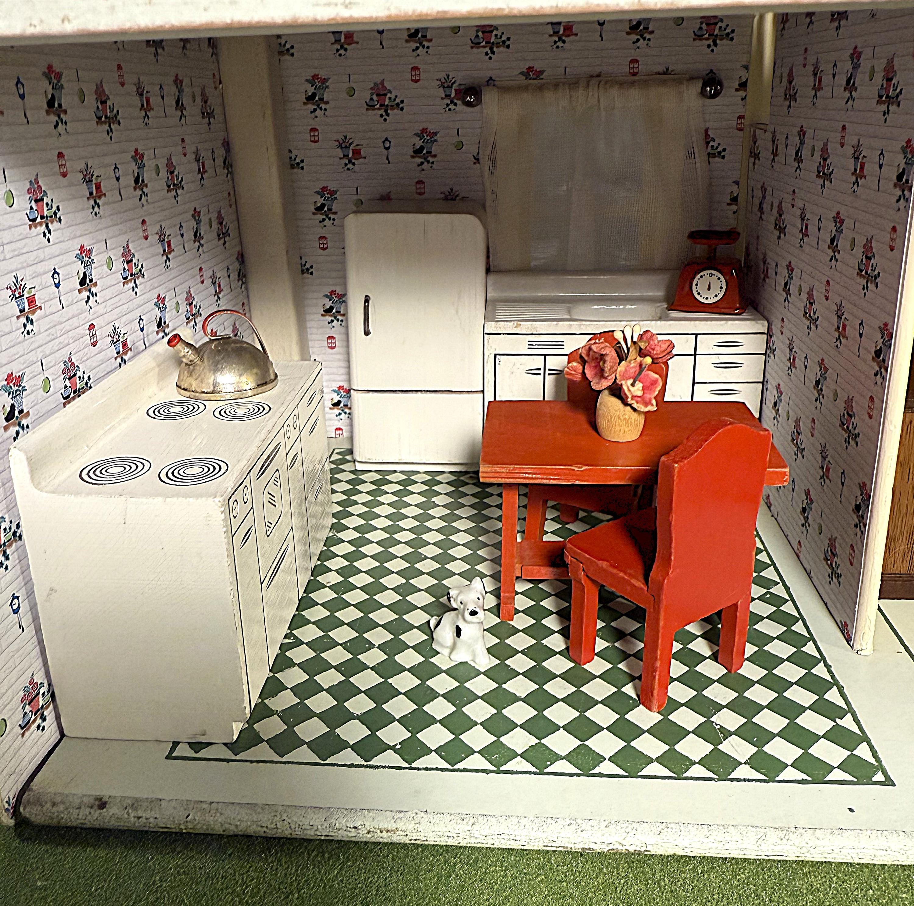 6 Pc Kitchen- Strombecker Sink, Stove, Refrigerator, Table, 2 Chairs Mid-Century Modern Miniature, Wooden, Vintage 1940s-60s, 1:16 Dollhouse