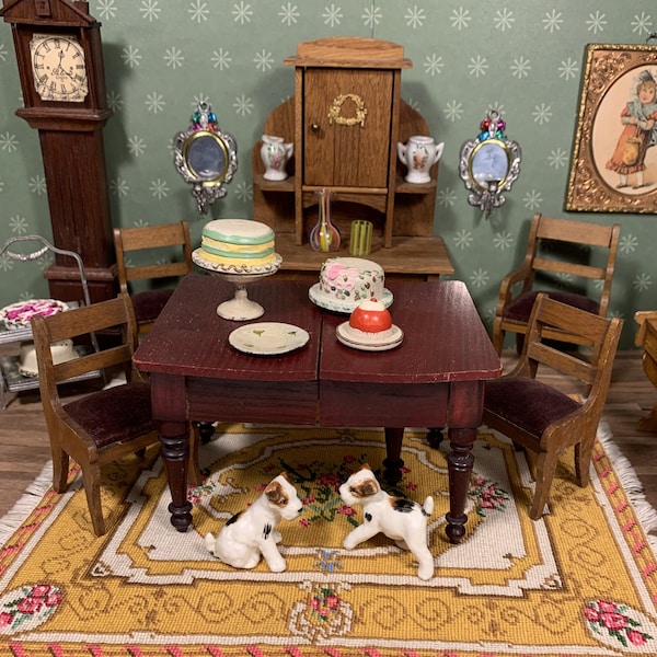 Antique Miniature German Schneegas Table, Kitchen/Dining, Late 1800s to Early 1900s Dark, Reddish Stain for 1:12 Scale Dollhouse, No Leaf