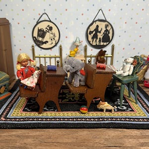 Two School Desks, Miniature Wooden, Shackman from 1960s-1970s for 1:12 Dollhouse