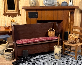 Settle Bench Block House, Wooden Vintage Miniature 1960s 1:12 Scale Dollhouse Furniture