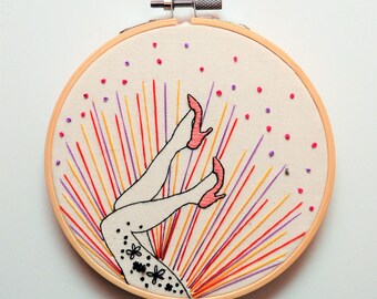Burlesque Inspired Hand Embroidery  Nude Hoop Art. High Contrast Dance Performing 5 Inch Wall Art