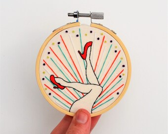 Burlesque Miniature Inspired Hand Embroidery  Nude Hoop Art. High Contrast Dance Performing 3 Inch Wall Art MADE TO ORDER