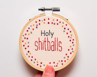 Handstickereistickerei Wandbild mit lustigen Obszönitäten. Alternatives Geschenk