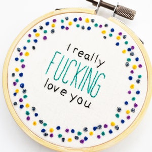 Arte de pared con bordado a mano y palabrotas: «Te quiero un montón». Regalo divertido. Arte de pared con lenguaje obsceno. Hecho por encargo. imagen 3
