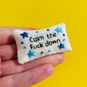 May include: A small white cushion with blue embroidered stars and the text "Calm the fuck down".