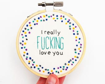 Hand Embroidery Swear Hoop Art 'I really FUCKING love you'  Gift Funny Wall Art Profanity- Made to order