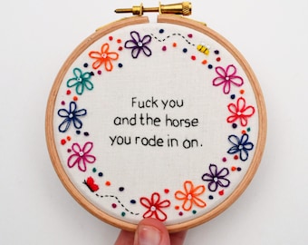 Hand Embroidery Hoop Art/ Passive Aggressive/ 'Fuck you and the horse you rode in on' /Novelty gift/ Insult Gift Funny Wall Art