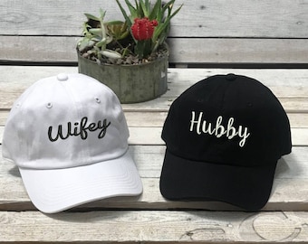 Hubby & Wifey Embroidered Baseball Hat Set, Honeymoon Gift