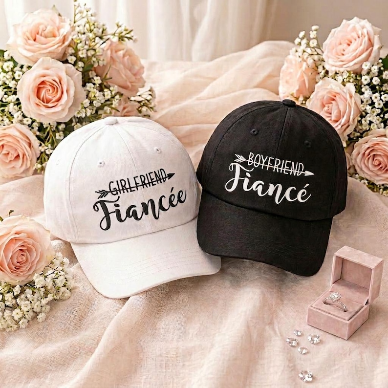 Girlfriend Fiancée & Boyfriend Fiancé Hat Set Engagement Hats for Couples, Proposal Gift, His and Hers Engagement Embroidered Baseball Caps image 4