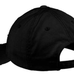 May include: A black baseball cap with a curved brim and an adjustable strap.