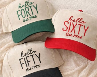 Hello Forty Est. 1976 Two Tone Baseball Hat – 50th Birthday Hat, 50th Birthday Gift, Funny Milestone Birthday Hat, 50th Birthday Party Hats
