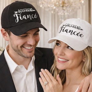 Girlfriend Fiancée & Boyfriend Fiancé Hat Set Engagement Hats for Couples, Proposal Gift, His and Hers Engagement Embroidered Baseball Caps image 1