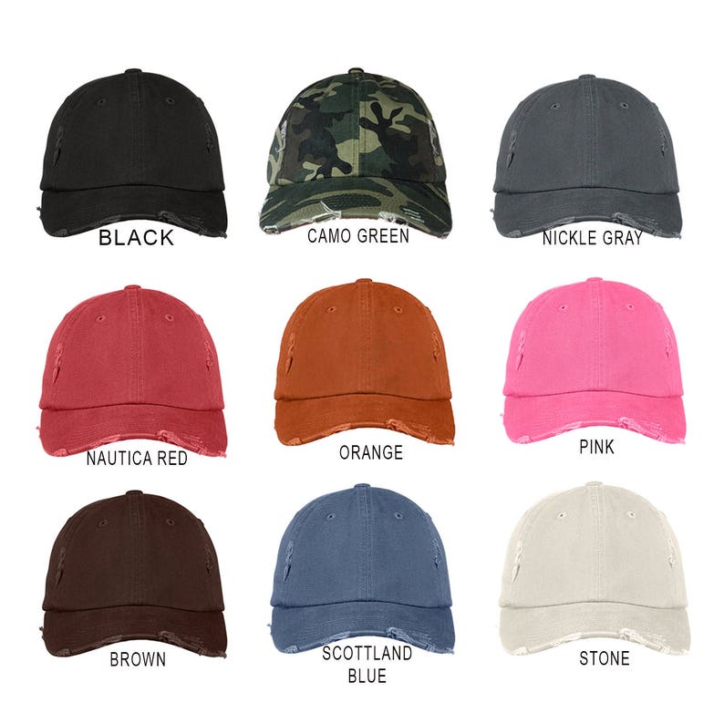 May include: Nine distressed baseball caps in various colors, including black, camo green, nickle gray, nautica red, orange, pink, brown, scotland blue, and stone.