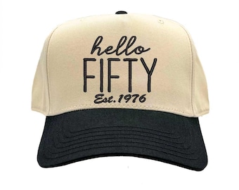 Hello Forty Est. 1976 Two Tone Baseball Hat – 50th Birthday Hat, 50th Birthday Gift, Funny Milestone Birthday Hat, 50th Birthday Party Hats