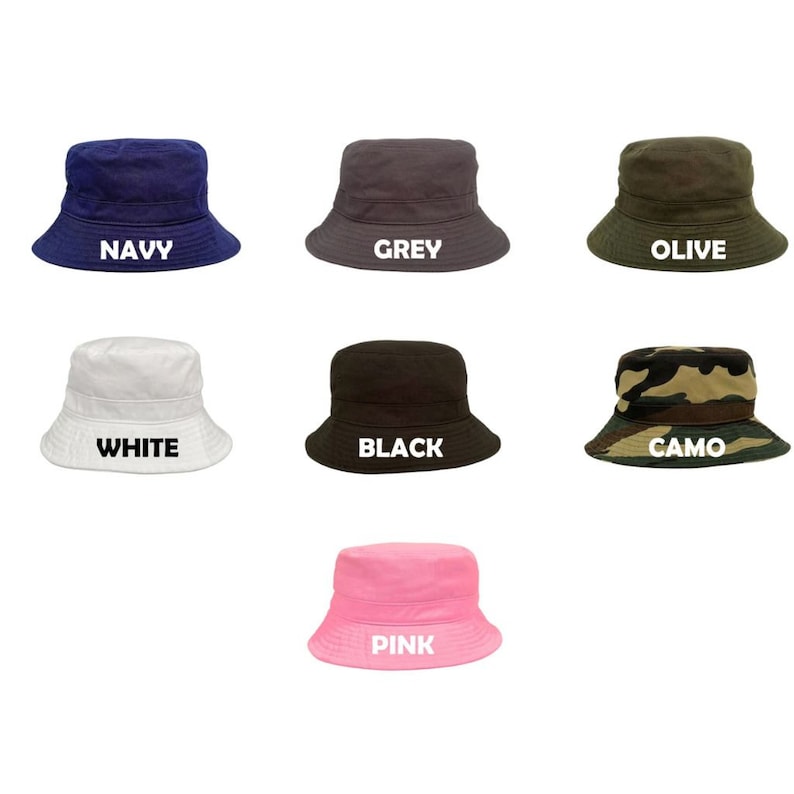 May include: A set of ten bucket hats in various colors, including navy, grey, olive, white, black, camo, and pink. Each hat has a solid color and a white text label with the color name.