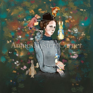 May include: An illustration featuring a woman wearing a black hat, surrounded by whimsical animal figures. A mouse carries a suitcase, a rabbit wears a coat, and a duck is adorned in a bonnet and dress. The background has a dark, textured appearance with colorful accents.