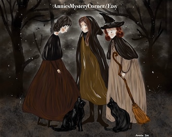 Witch meeting art print, witch art print, black cat art print