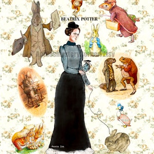 May include: A watercolor illustration of Beatrix Potter, the author of children's books, surrounded by characters from her stories. The illustration features Peter Rabbit, Jemima Puddle-Duck, Squirrel Nutkin, Mrs. Tiggy-Winkle, and others.