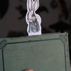 May include: A white rabbit wearing a blue jacket and a bow tie with a monocle. The rabbit is holding a pocket watch and is looking to the right. The rabbit is a bookmark on a green book with a gold crown design.
