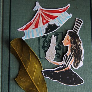 May include: A vintage book with a green cover and a decorative crown design.  There are three paper stickers on the cover: a striped tent, a girl with a striped dress and a white rabbit, and a brown leaf.