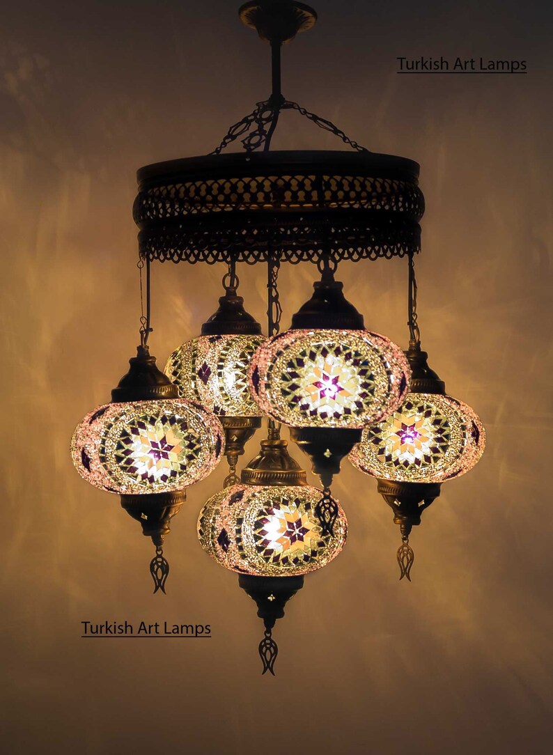 Turkish Lamp Moroccan Decor Chandelier Ceiling Hanging Handmade Mosaic Height 28 Glass Globes 7 Diameter Free