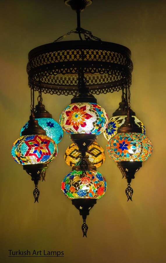 Turkish Lamp Handmade Mosaic Hanging Ceiling Light Fixture 7 Glass Globes 32 Height