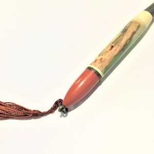 Souvenir Pencil Shawbridge Quebec Twist Tassle Color Art 3 1/2&quot; with 2 1/2&quot; Tassle Burgundy Cream Body Bakelite Plastic Metal Canada