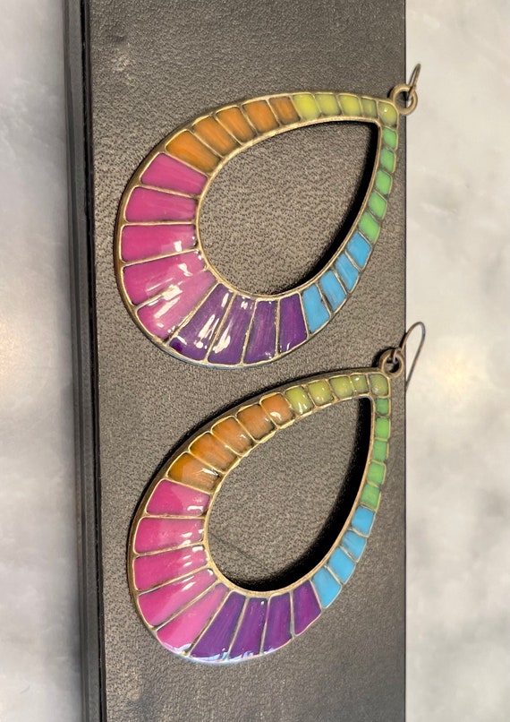 Retro Rainbow Earrings Enamel Dangle Funky Large … - image 5