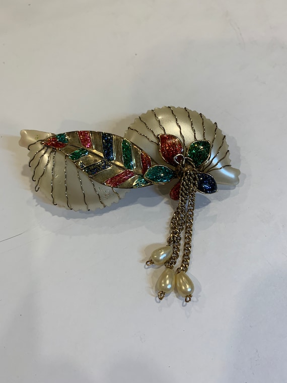 Gold Barrette Large Enamel, Floral, Shell, Wire Sculpting  display picture 3