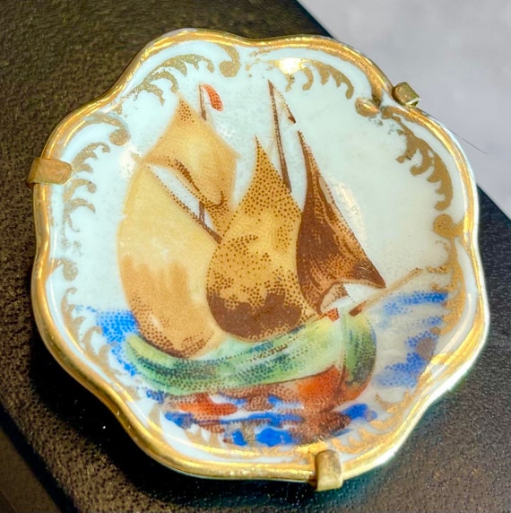 Limoges Ship Brooch Signed France