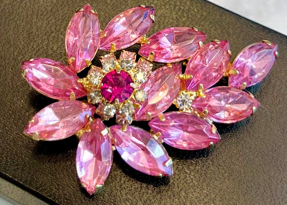 Pink Rhinestone Brooch Gold Exquisite 2 1/4” - image 1