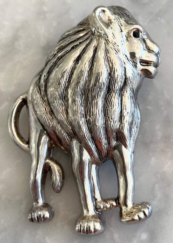 Lion Pendant Brooch Puffy Silver Plate Hollow Lar… - image 1