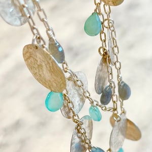 Glass and Silver Charm Necklace Ocean Blues Ancient Coin Discs Lightweight 18”