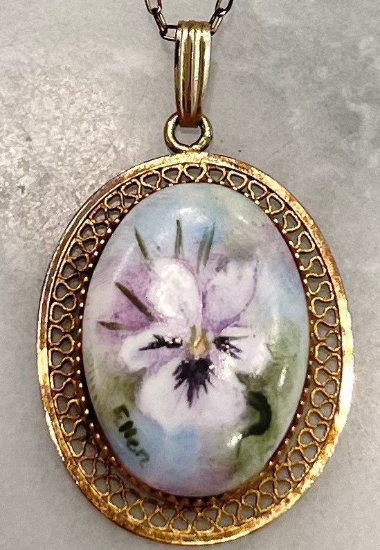 Handgeschilderde porseleinen hanger ketting bloemengouden filigraan frame 1/20e 12K