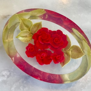 Lucite Floral Brooch Red MCM Oval 2”