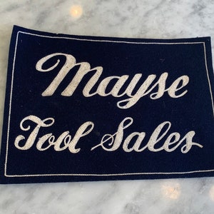 Tool Store Counter Mat Mayse Tool Shop Woven Deep Navy Blue Embroidered Ivory Old Pennant-Like Fabric. Man Cave. Workshop. 10” x 7”