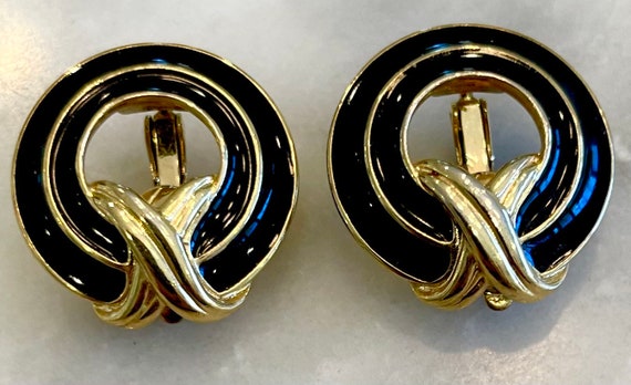 Trifari Earrings Black Gold Enamel Clip - image 1