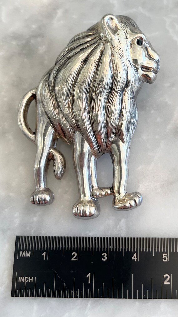 Lion Pendant Brooch Puffy Silver Plate Hollow Lar… - image 3