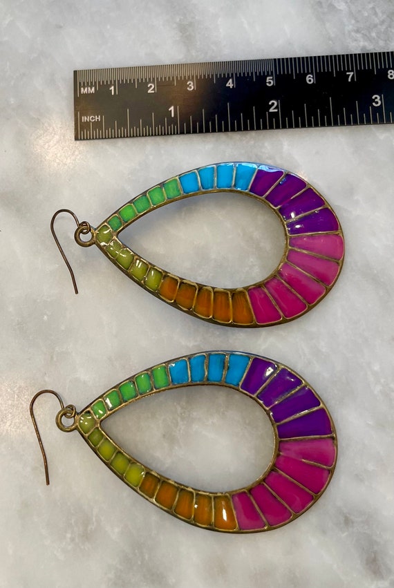 Retro Rainbow Earrings Enamel Dangle Funky Large … - image 2