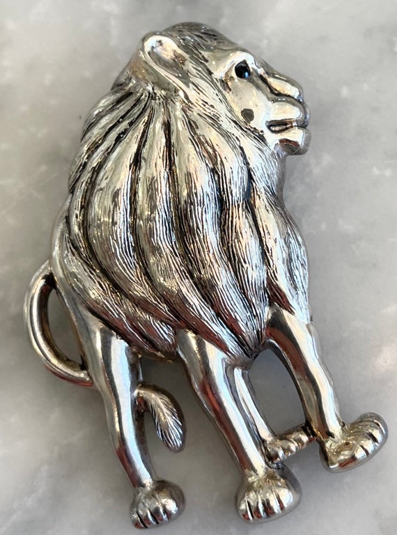 Lion Pendant Brooch Puffy Silver Plate Hollow Lar… - image 2