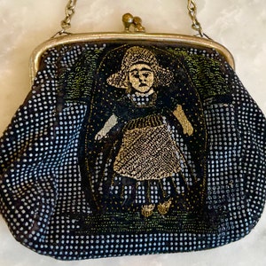 Antique Dutch Girl Purse Child’s Fabric Silver Kiss-lock Chain Textured Old