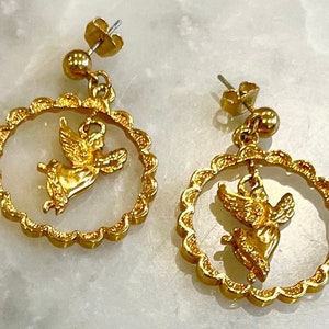 Angel Earrings Gold Dangle Textured Circles Vintage Religious Holiday