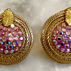 Rhinestone Earrings Pink & Purple Sparkle Gold Glam Pierced Large 1” Vintage