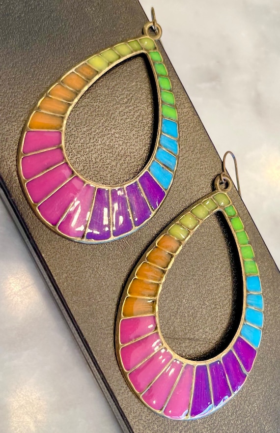 Retro Rainbow Earrings Enamel Dangle Funky Large … - image 1