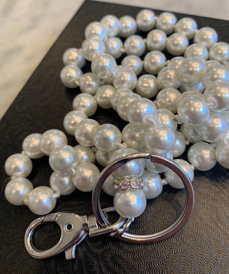 Glass Pearl Lanyard 36\u201d Solid Better Quality Pretty Lustre. Rhinestone Header