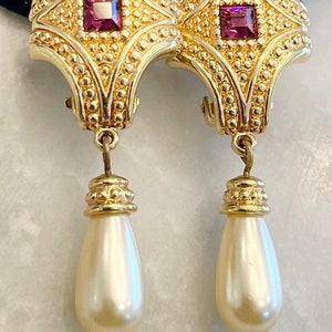 SWAROVSKI Earrings Dangle Amethyst Crystal Gold Bead Pearl Clip Designer Signed