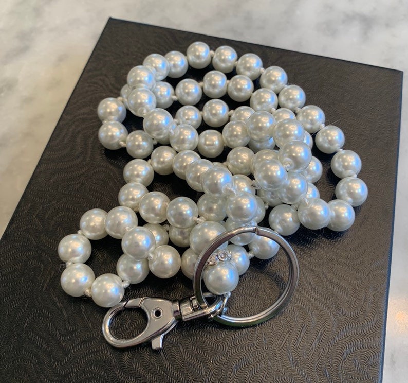 Glass Pearl Lanyard 36\u201d Solid Better Quality Pretty Lustre. Rhinestone Header